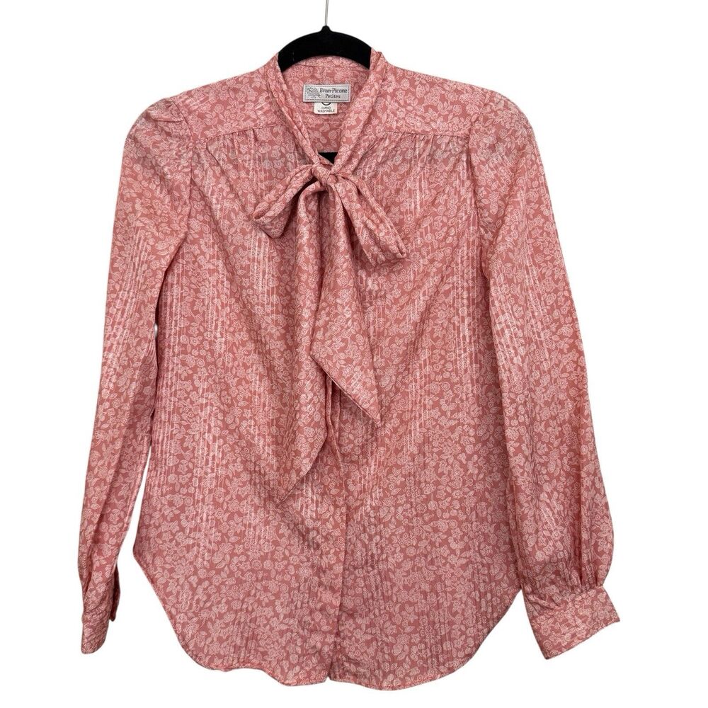 Vtg 70s 80s Evan Picone Neck Tie Bow Blouse XS Cottagecore Secretary Office